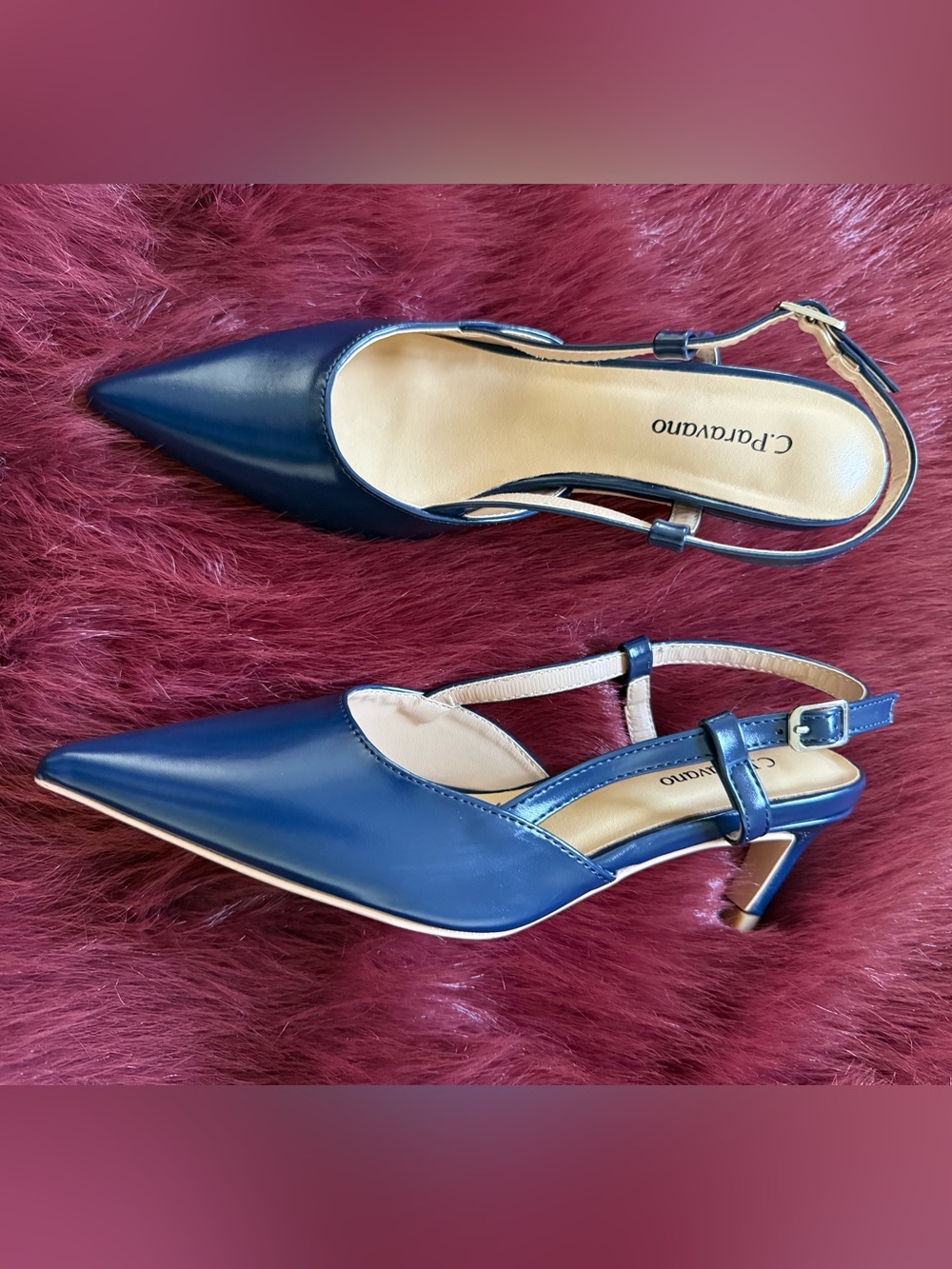 C. Paravano Navy Pointed Toe Slingback Pumps Kitten Heels Size 36 NWOB. - Picture 2 of 10